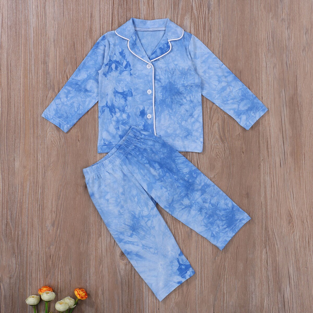 Herfst 2 Stuks Set Baby Jongens Trendy Rainbow Tie Dye Print Revers Hals Lange Mouw T-shirt + Broek Geel/Blauw Homewear