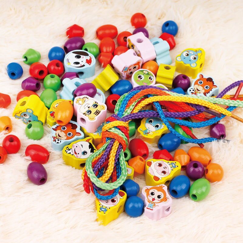 Kids Wooden Toys Cartoon Fruit Animal Beaded Toys Pull Lace Wood Beads Game Puzzle DIY Matching Accessories Beads