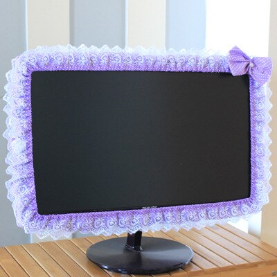 Lace Fabric Computer Frame Cover Monitor Screen Dust Cover With Elastic Pen Pocket Bow Home Decorations: violet / 17-22 inches