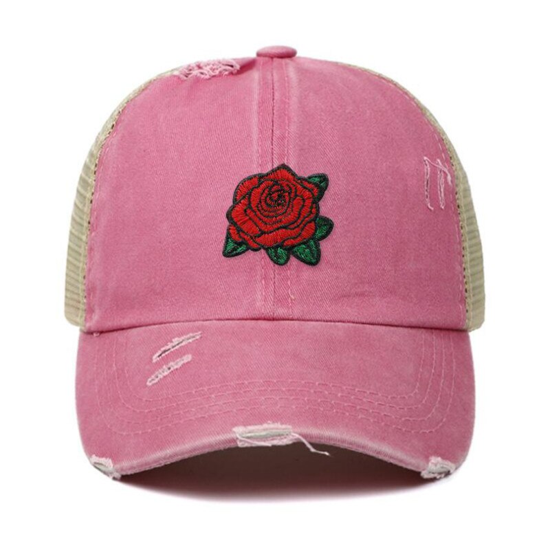 rose distress mesh baseball cap hip hop outdoor sports summer women cap embroidery flower snapback hat cap curved cap: Pink