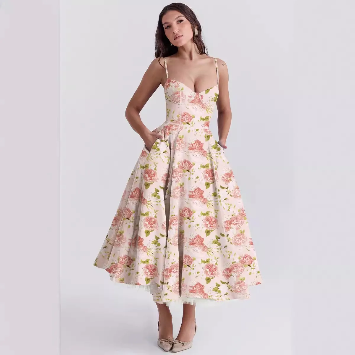Women's A-Line Spaghetti Strap Mid-Calf Dress European And American Style Double-Layer Mesh Suspender Dress