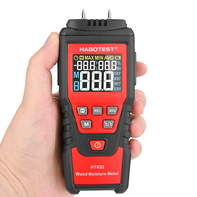 Digital træfugtmåler  ht632 lcd display to stifter træ fugtdetektor hygrometer temperatur papir beton måling