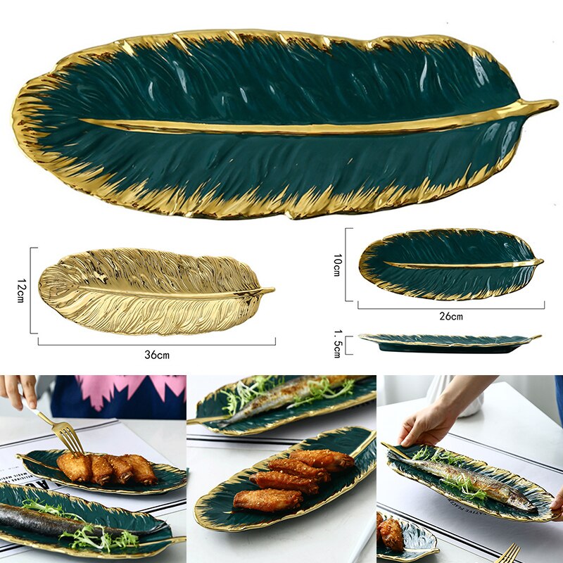 Gold-Plated Ceramic Tray Dark Green Feather Banana Leaf Shape Plate Snack Storage Tray