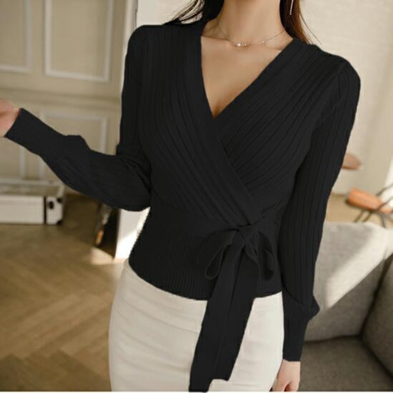 Lyserød v-hals lanterne ærme snørebånd wrap sweater kvinder forår efterår sort ol cardigan strikket jumper damer toppe