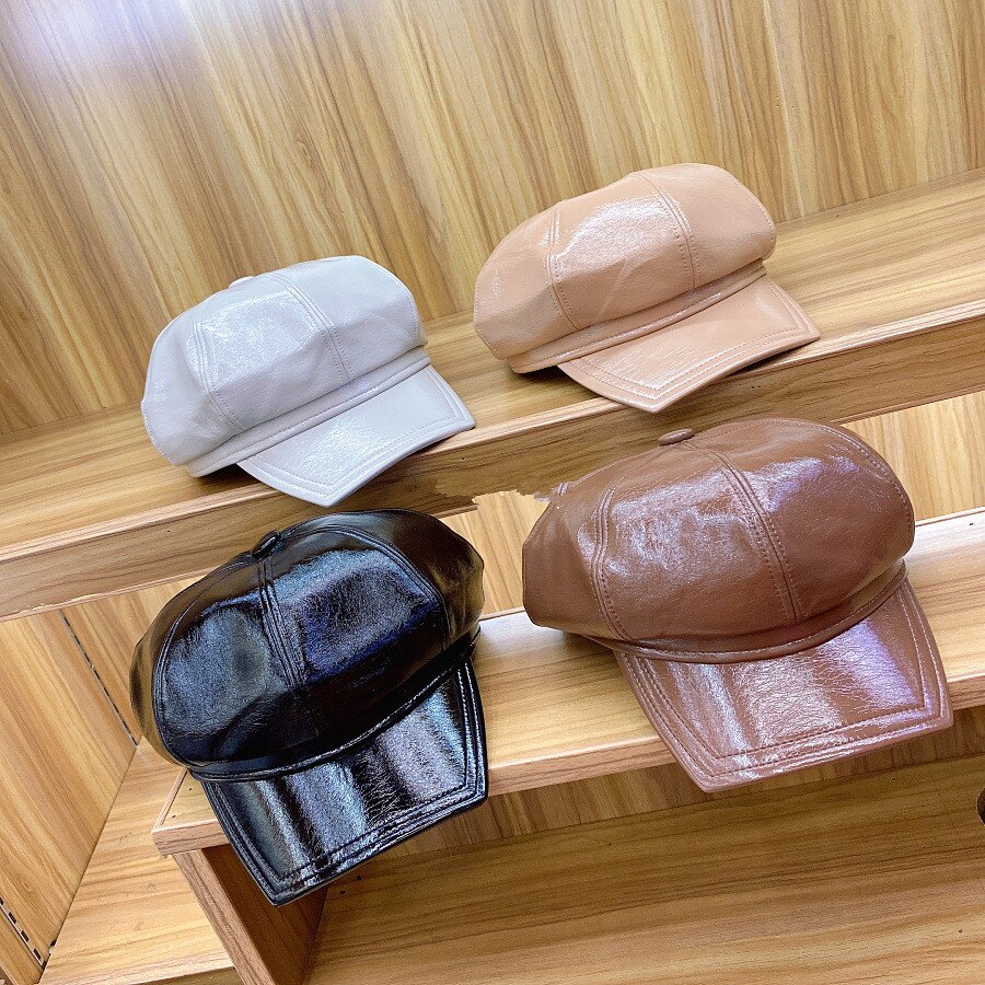 202009-YY FAUX LEATHER PU Glossy finish SOLID Square brim leisure Octagonal hat men women visors cap