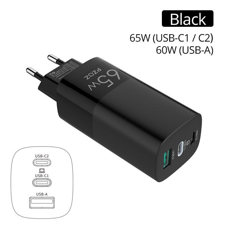 PZOZ 65W GaN Ladegerät Schnell Ladung 4,0 3,0 Typ C PD USB Ladegerät Schnelle Ladung USB-C Für Schalter MacBook Luft iPad Profi Samsung Hinweis: Schwarz 65W GaN