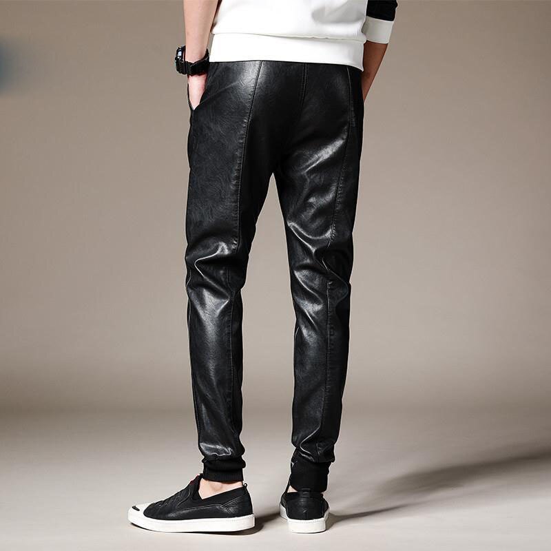Idopy-pantalones bombachos de piel sintética para hombre, pantalón informal, coreano, de PU, cómodo, con cintura elástica, de cuero negro