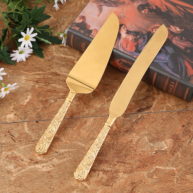Konco Kuchenmesser- und Serverset, 2-teiliges goldenes Kuchenschneideutensilien, gravierter Kuchenschneider und Serverspatel für sterben Hochzeitsfeier: Orange