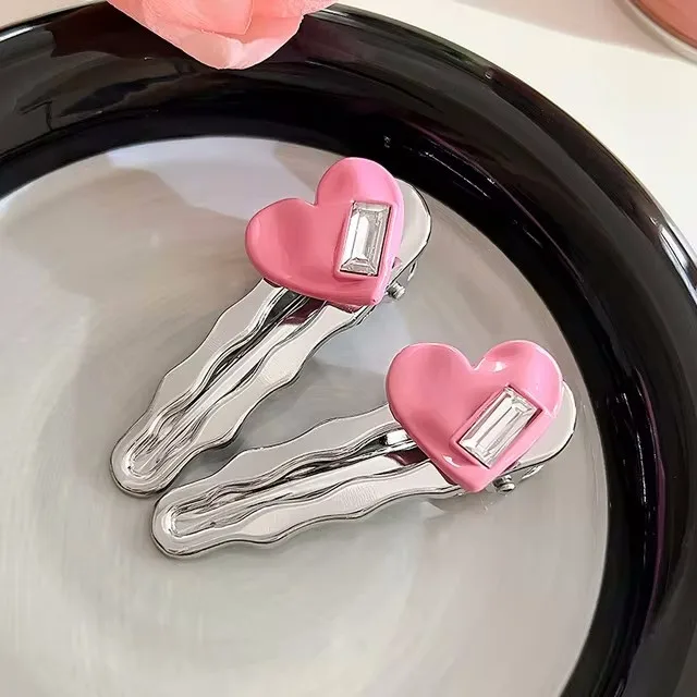 Ins Metal Love Rhinestone Hair Clips Women's Hairpin Sweet Cool Bangs Side Duckbill Clip Hair Barrettes Korean Girls Headwear: Yellow