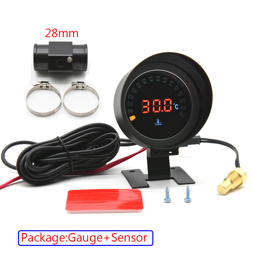 Medidor de temperatura de agua LCD redondo con Sensor de temperatura del agua, pantalla Digital M10, lente de humo, medidor automático para coche y camión, 12V y 24V: 28mm black
