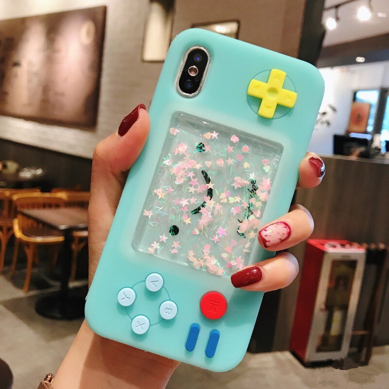 Leuke Smiley Game Machine Dynamische Liquid Quicksand Siliconen Voor iphone case Voor iphone Xs Xr 7 8 Plus game machine telefoon Cover: For iPhone xs / Blue