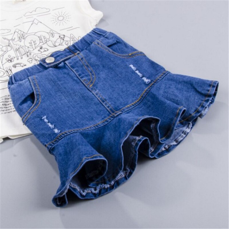 Sommar spädbarn tjejer kjol blå jeans skarvning mini kjol volanger jeans kjolar barnkläder 2 3 4 5 6 7 år