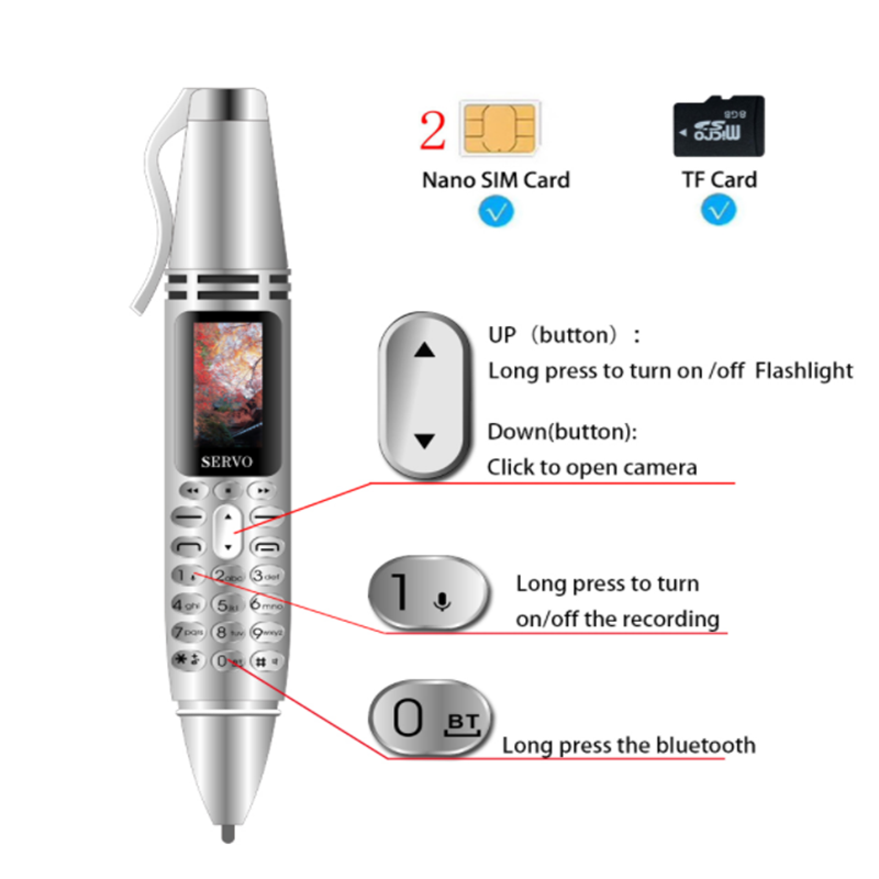 Tiny Screen Pen smallest mini Mobile phone Dual SIM Card Bluetooth Dialer Cellphone with Flashlight Recording Pen FM Radio