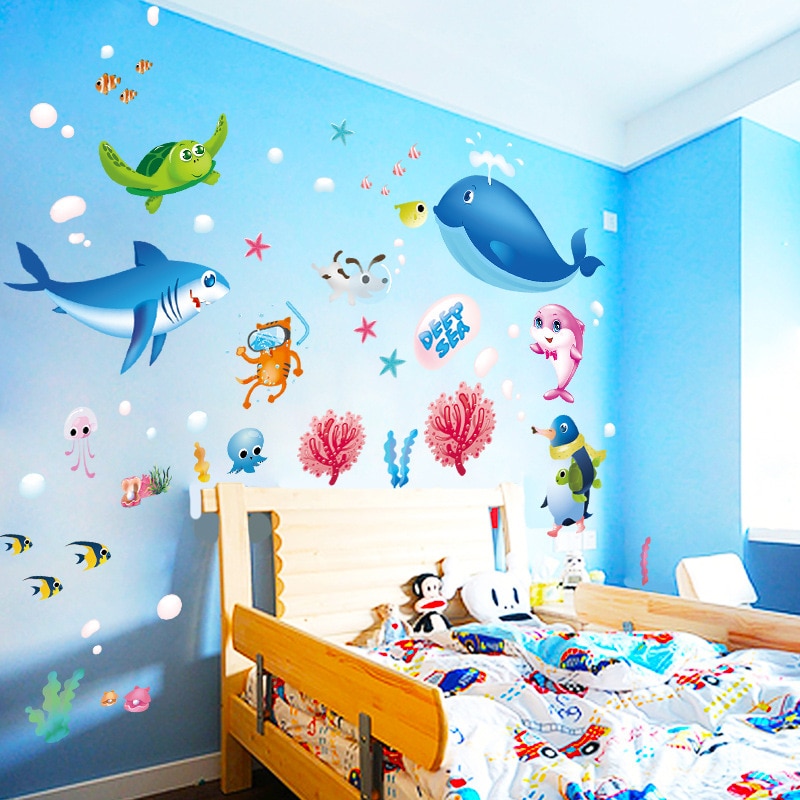 Pegatinas de pared para acuario, decoración para el hogar en el fondo marino para la habitación infantil, pegatina de vinilo para habitación infantil subacuática, decoración para el cuarto del bebé
