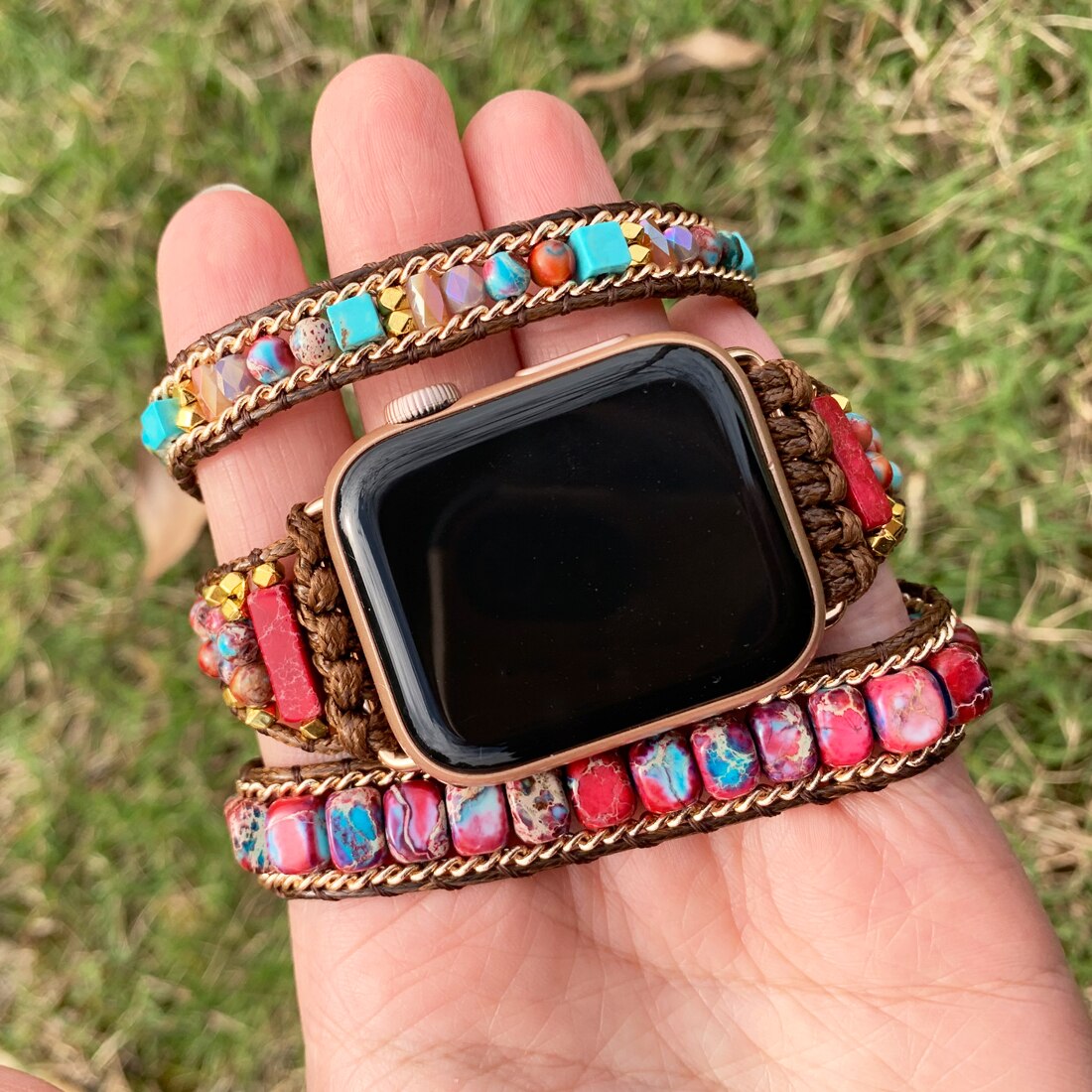 Bracelet en pierre de jaspe impérial, pour Apple Watch, Boho, perles, 3 enveloppes de cire, Bracelet Vegan, de noël: Default Title