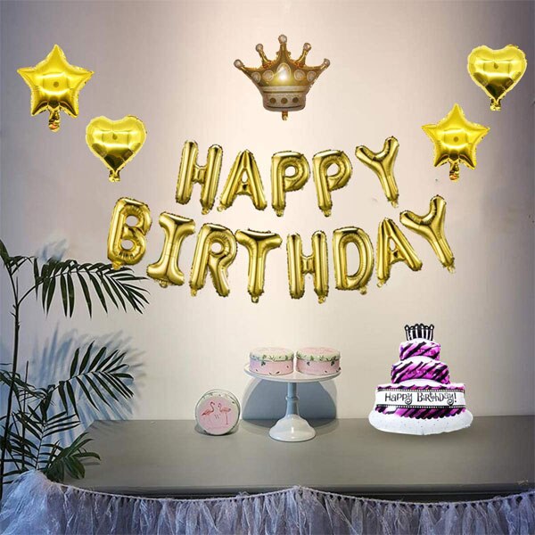 Gelukkige Verjaardag Ballonnen Banner Met 2Pcs Star Mylar Ballonnen 2 Stuks Hart Mylar Ballonnen 1Pcs Kroon Ballon 1 stuks Verjaardagstaart Bal