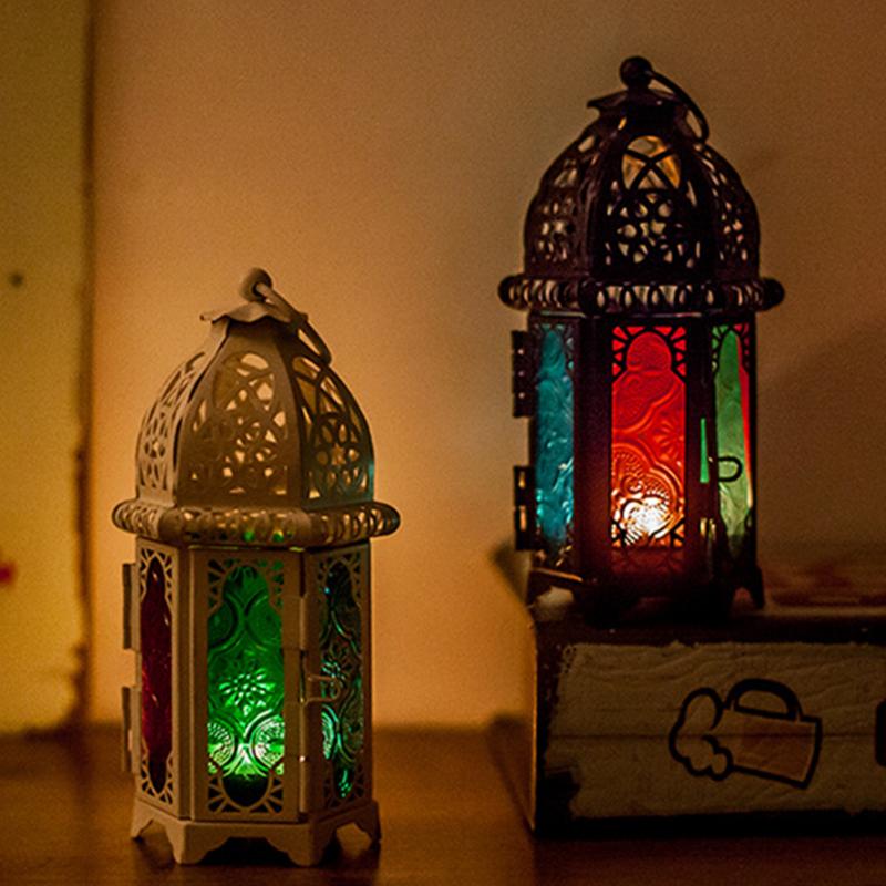 Marokkaanse Lantaarn Votive Kaarshouder Opknoping Lantaarn Ooit Party Bruiloft Decoratie Vintage Kandelaars Ijzer Glas Lantaarn Lamp