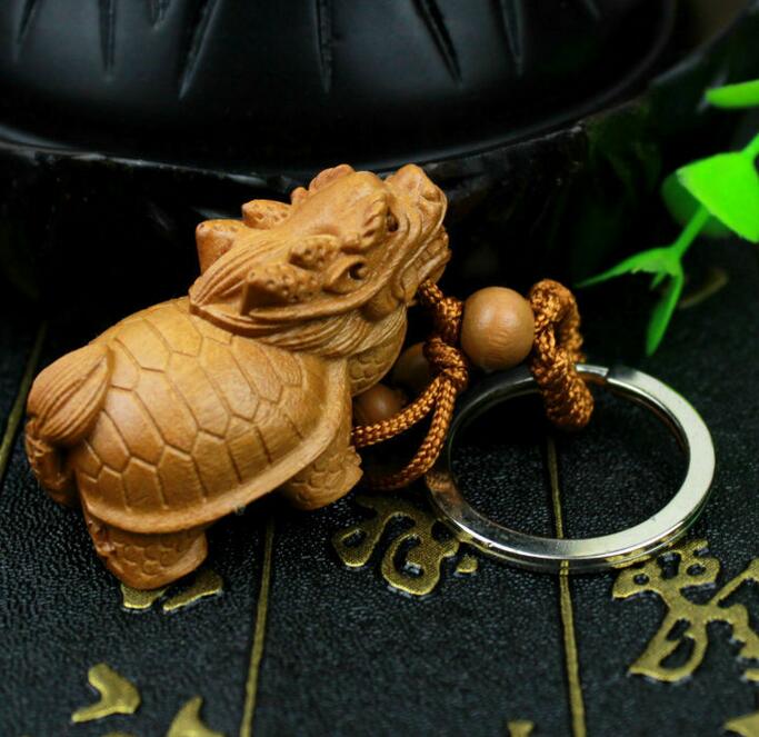 Statue de tortue Dragon en bois sculpté en 3D, pendentif, Sculpture de la richesse chinoise, porte-clés