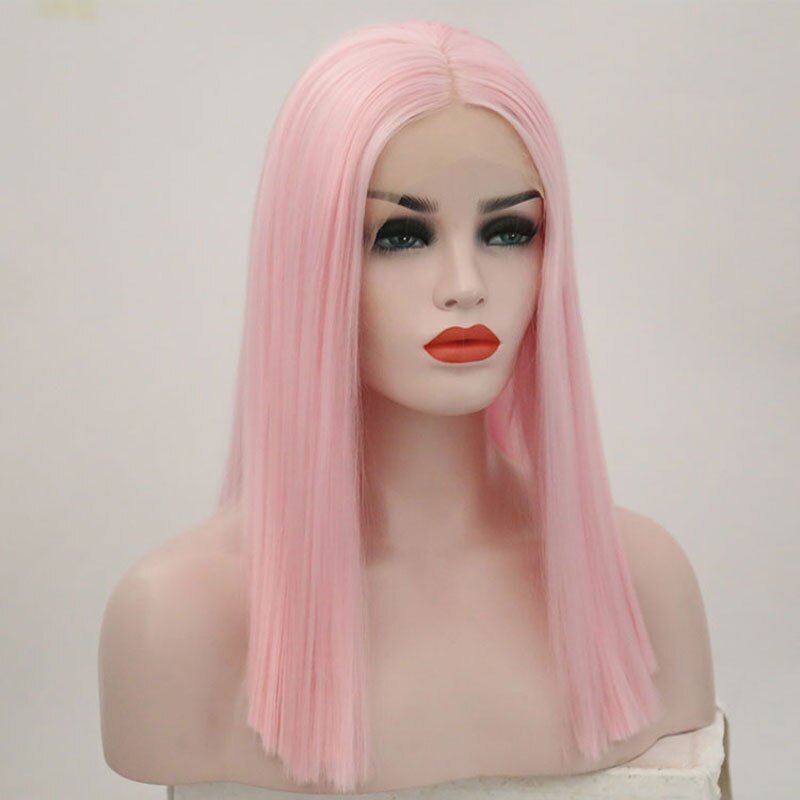 Bombshell pink kort lige bob syntetisk hår blonder front paryk limfri varmebestandigt fiber hår midterskilning til kvinder parykker