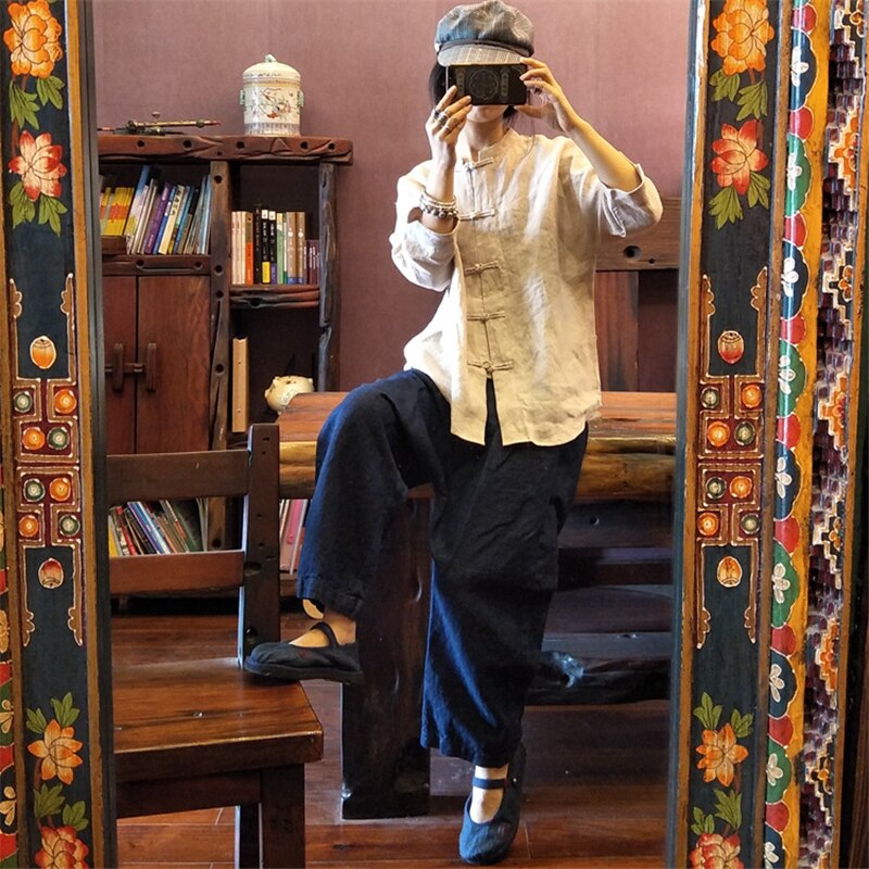 Tang Suit for Ladies Summer Chinese Retro Style Thin Flax Long Sleeve Soft Solid Color Cardigan Tops Casual Clothing