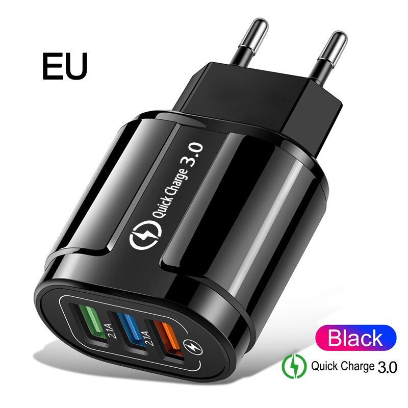 3 Poorten Snelle Usb Charger Cable Telefoon Snellader 3.0 5V 3A Eu/Us Plug Wall Charger Voor samsung Apple Iphone Sony Xiaomi Huawei: EU   Black