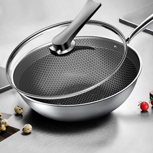 Chinese Gezonde Kok Zwarte Koken 201 Roestvrij Staal Honingraat Anti-aanbak Wok: C 32CM