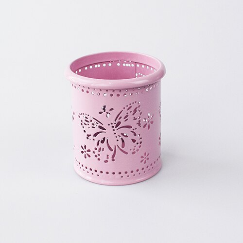 Metall Hohl Stift Halfter Multifunktions Schmetterling aufbringen Bleistift Tasse Stift Topf Container Schreibwaren Runde Korb Schreibtisch-Organizer: Rosa