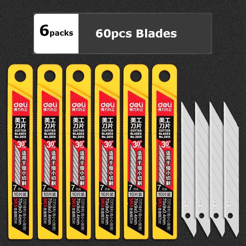 Deli Portable Aluminum Alloy Utility Knife 9MM нож Pocket Paper Unboxing Cutter with Metal Blade Self-locking Sharp Angle: 6Pack Blades