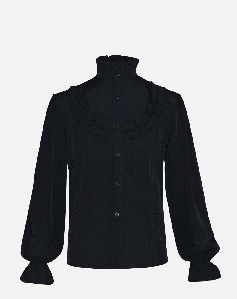 Camisa Medieval de estilo victoriano para hombre, ropa gótica con volantes blancos, cuello levantado, manga farol, Vintage, Top, , banquete, uso diario: Black / L