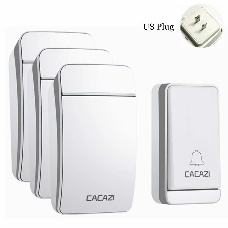 CACAZI Self-powered Wireless Doorbell Waterproof No Battery LED Flash 1 Button 3 Receiver Smart Home Cordless door bell chime: Silver 1x3 US