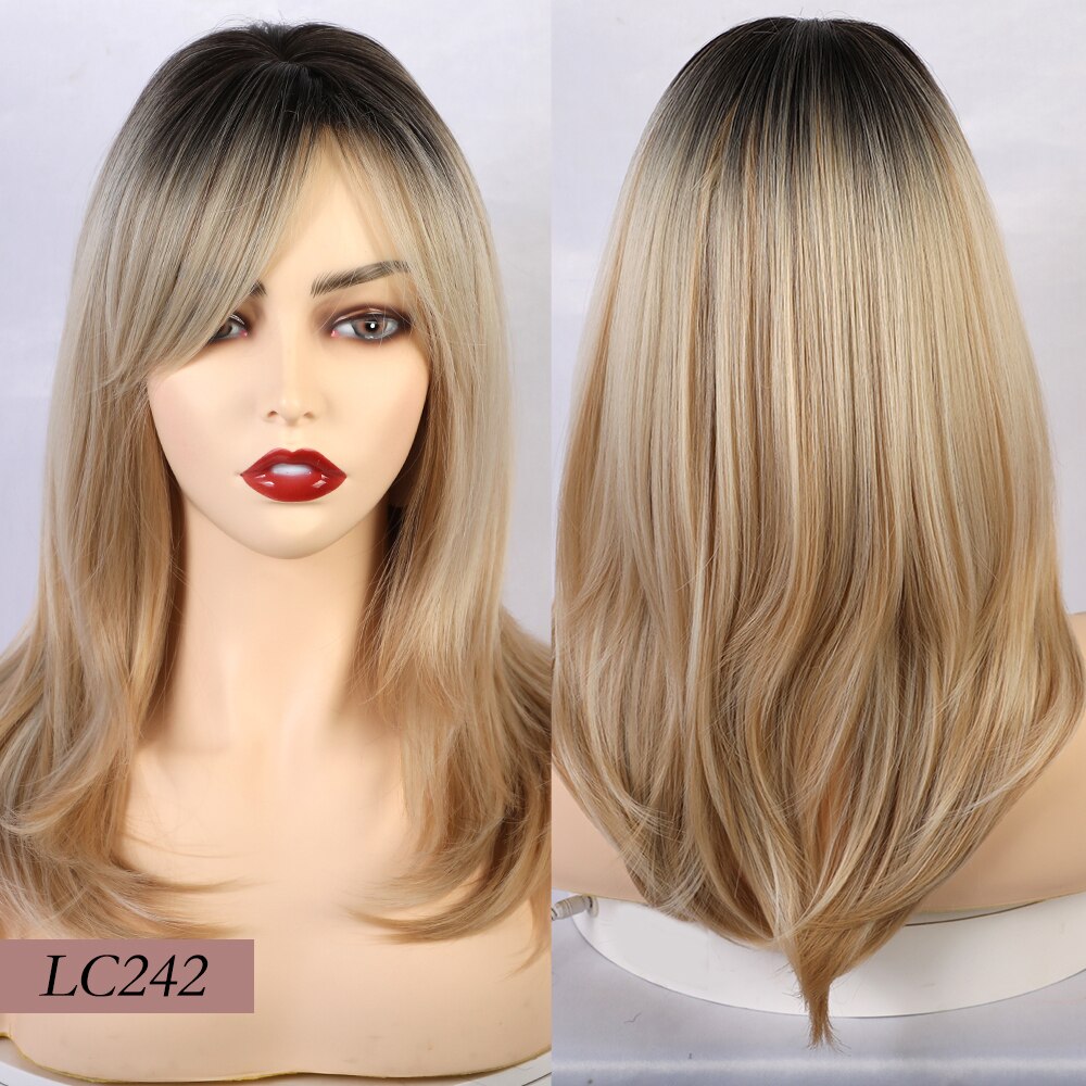 Element Synthetische Lange Rechte Haar Licht Bruin Mix Blonde Pruiken Met Pony Kant Voor Wit/Zwart Vrouwen Daily Wear: lc242-1