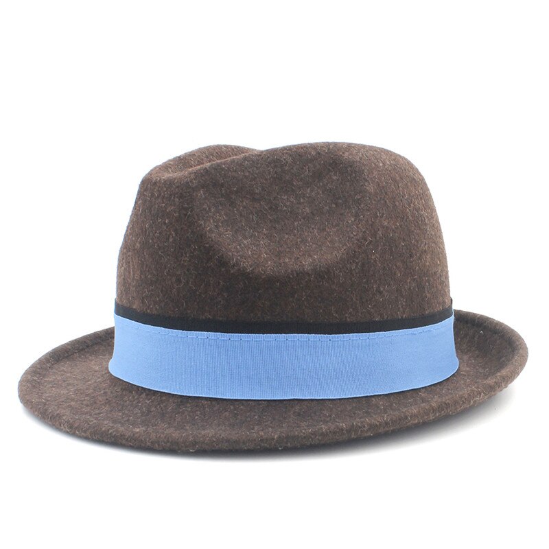 Ull kvinnor homburg fedora hatt med kort brim trilby filt båt jazz hatt med blått band bra pack  a18: Kaffe