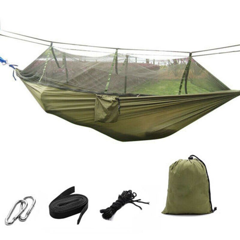 Portable Double Hammock with Mosquito Net for Outdoor Camping Traveling: Army Green