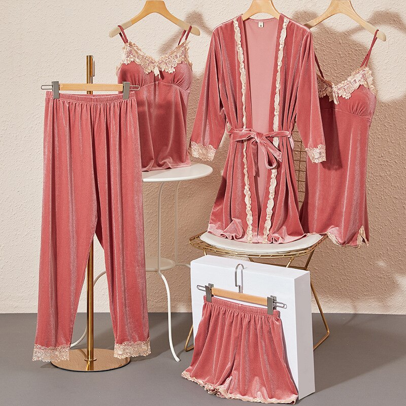 Ensemble pyjama en peluche pour femmes, 5 pièces/ensemble, chemise de nuit chaude, pour la maison, l&#39;hôtel, collection hiver-automne: pink / L 160-168cm 52-65kg
