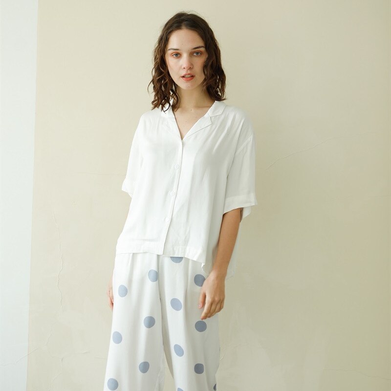 Summer Casual 100% Viscose Women&#39;s White Short Sleeve Pajama Sets Blue Dot Ankle-Length Pants Loose Comfortable Sleepwear Suits: S