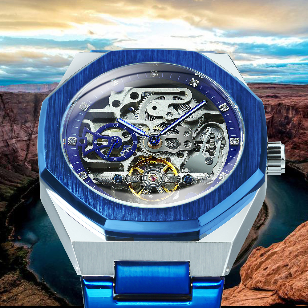 Forsining Lässige automatische mechanische Uhr für Herren, leuchtende Zeiger, Edelstahlarmband, modische Luxus-Skelett-Herrenuhren