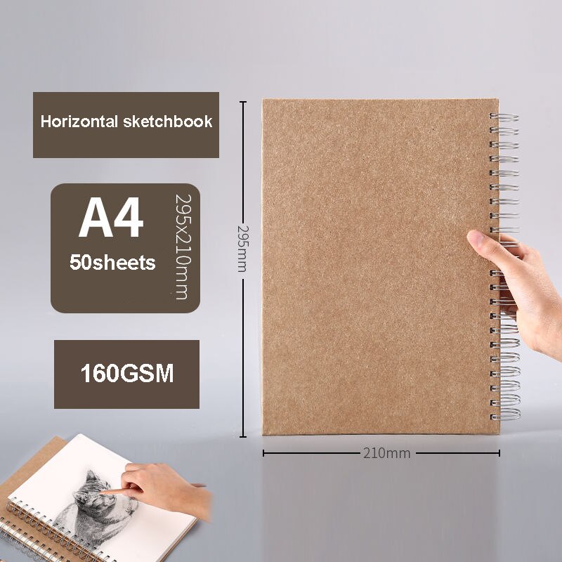 Drawing sketchbook Thick paper 160 GSM Spiral notebook diary Art school supplies Pencil drawing notepad Stationery: A4 horizontal