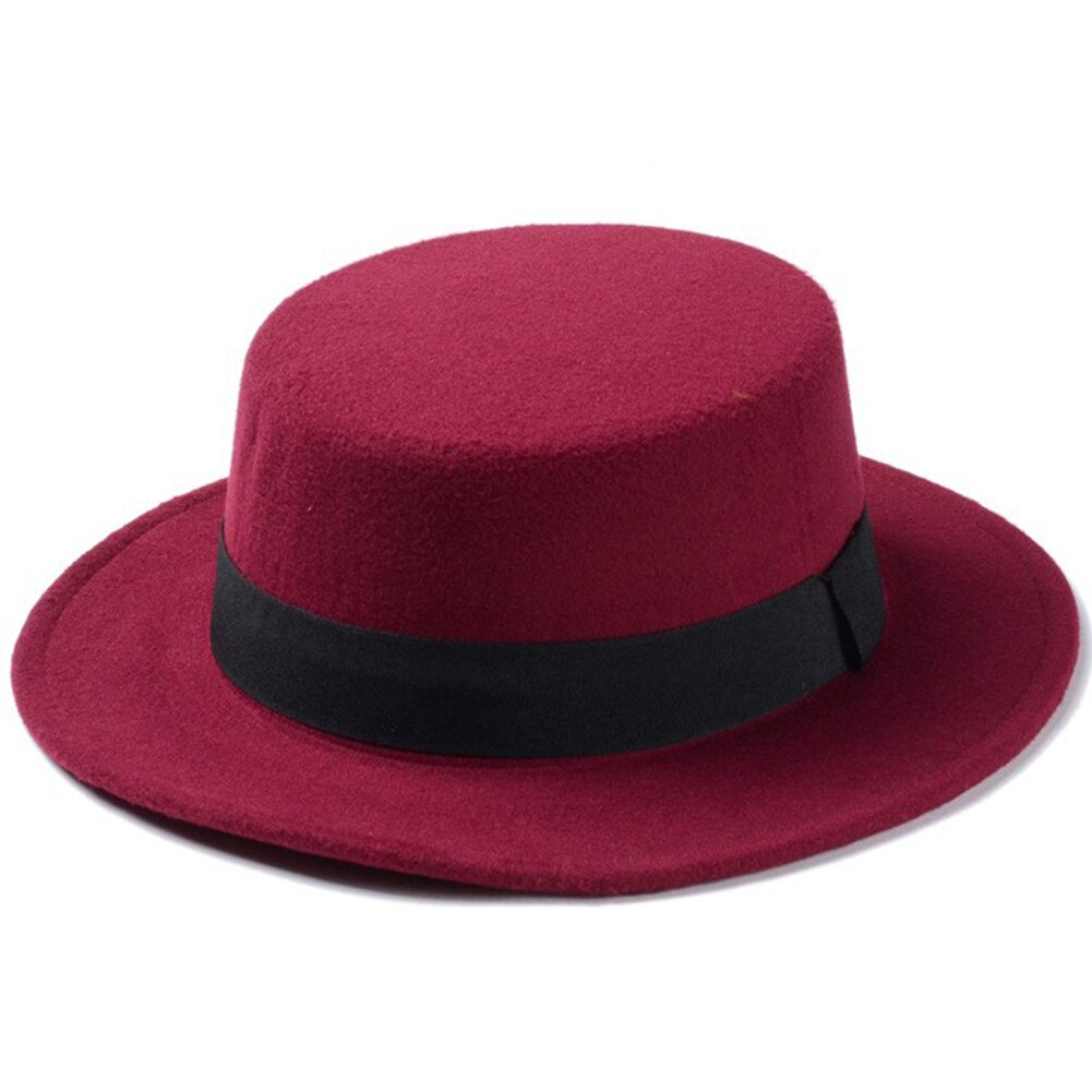 Brand Wool Boater Flat Top Hat For Women Felt Wide Brim Fedora Hat Laday Prok Pie Chapeu de Feltro Bowler Gambler Top Hat: Wine red