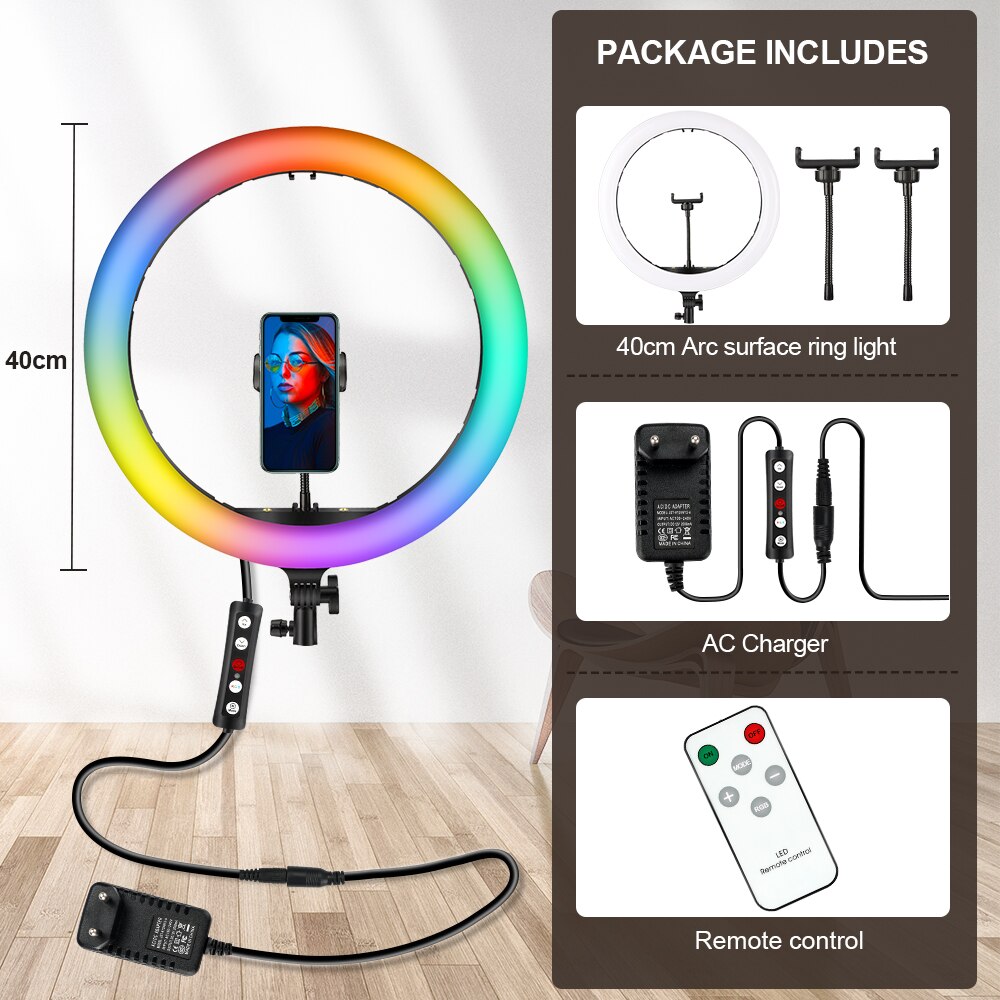 16 Inch Rgb Ring Licht Led Selfie Ring Licht Met 3 Telefoon Clips 200Cm Statief Stand Fotografische Verlichting Video live Vullen Lamp: 16-AC