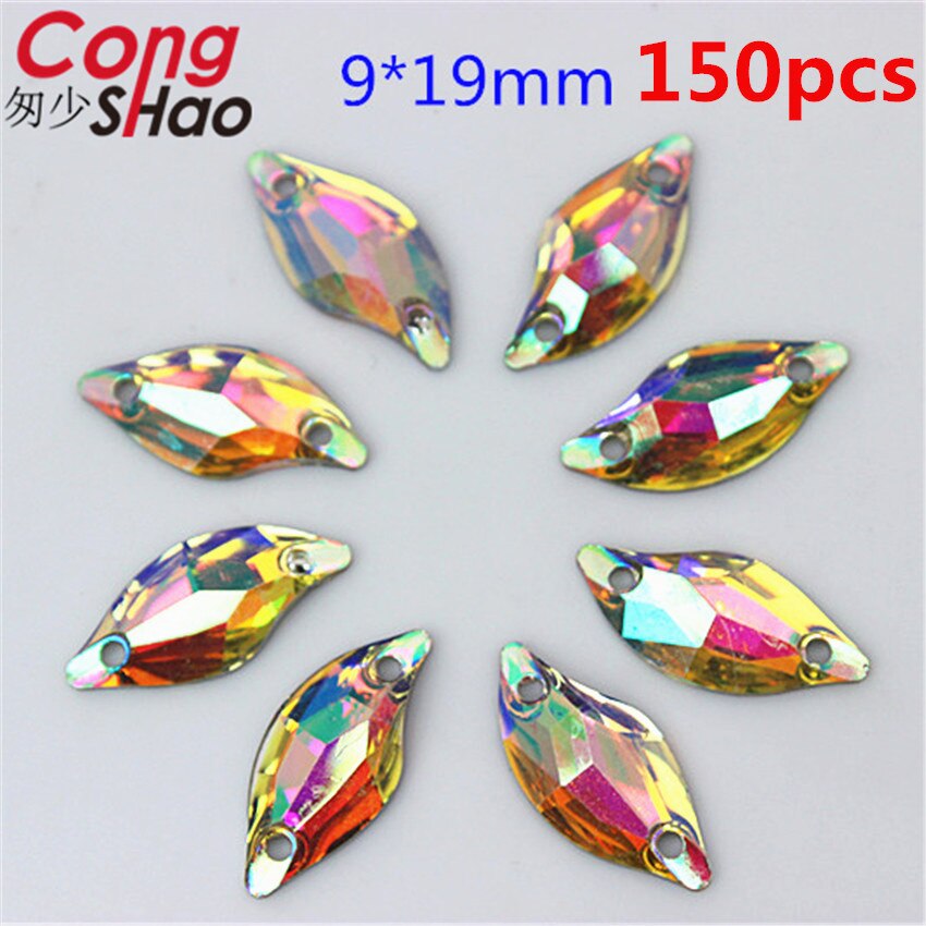 Cong Shao mischen 10 Größe bilden Kristalle AB Strass trimmen Flache Zurück näHenne 2 See Steine Harz Perlen Für DIY hochzeit Kleid YB668: 9x19mm 150Stck
