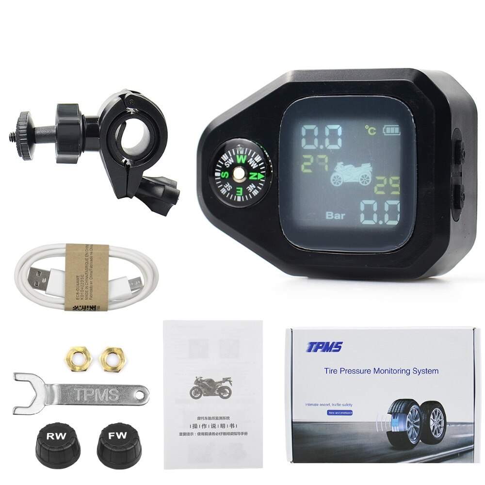 Waterproof Motorcycle Real Time Tire Pressure Monitoring System TPMS Wireless LCD Display External Sensors for Motors: USB TPMS