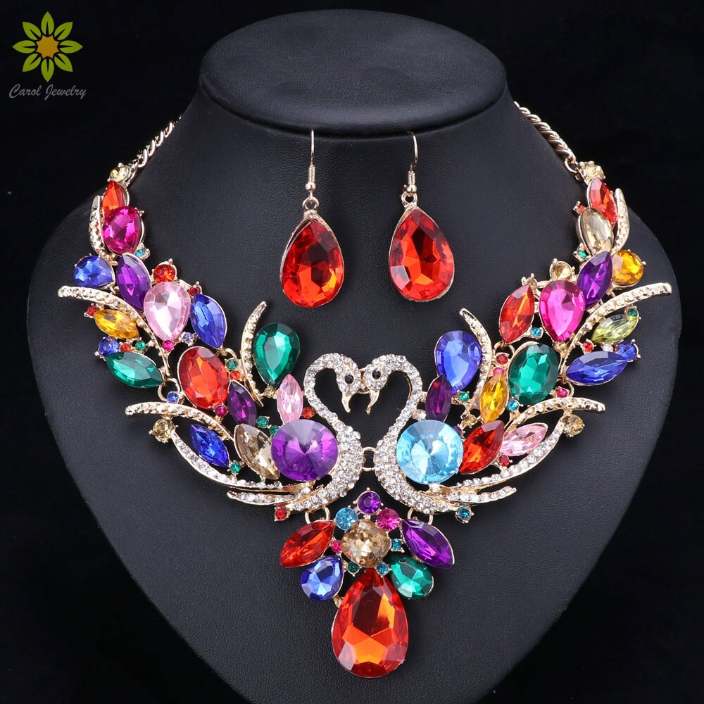 Crystal Bridal Jewelry Sets Gold/Silver Plated Swan Pendant Necklace Women Party Wedding Prom Necklace Earring Accessories