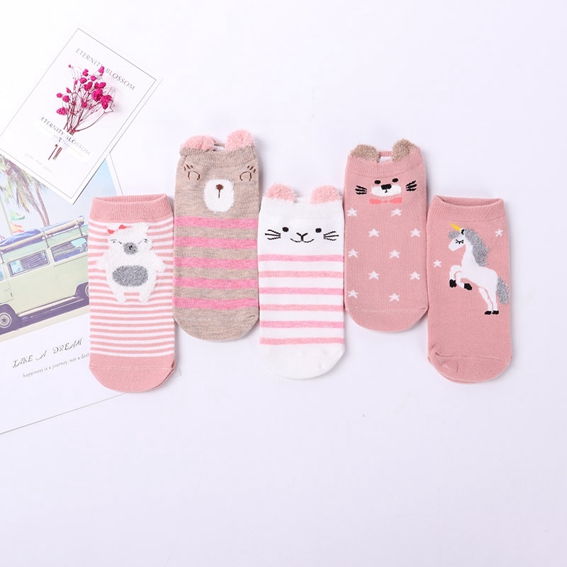 5Pairs Arrivl Women Cotton Socks Pink Cute Cat Ankle Short Casual Animal Ear Red Heart Gril Dot Stipe Print Soft Socks 35-40: cartoon