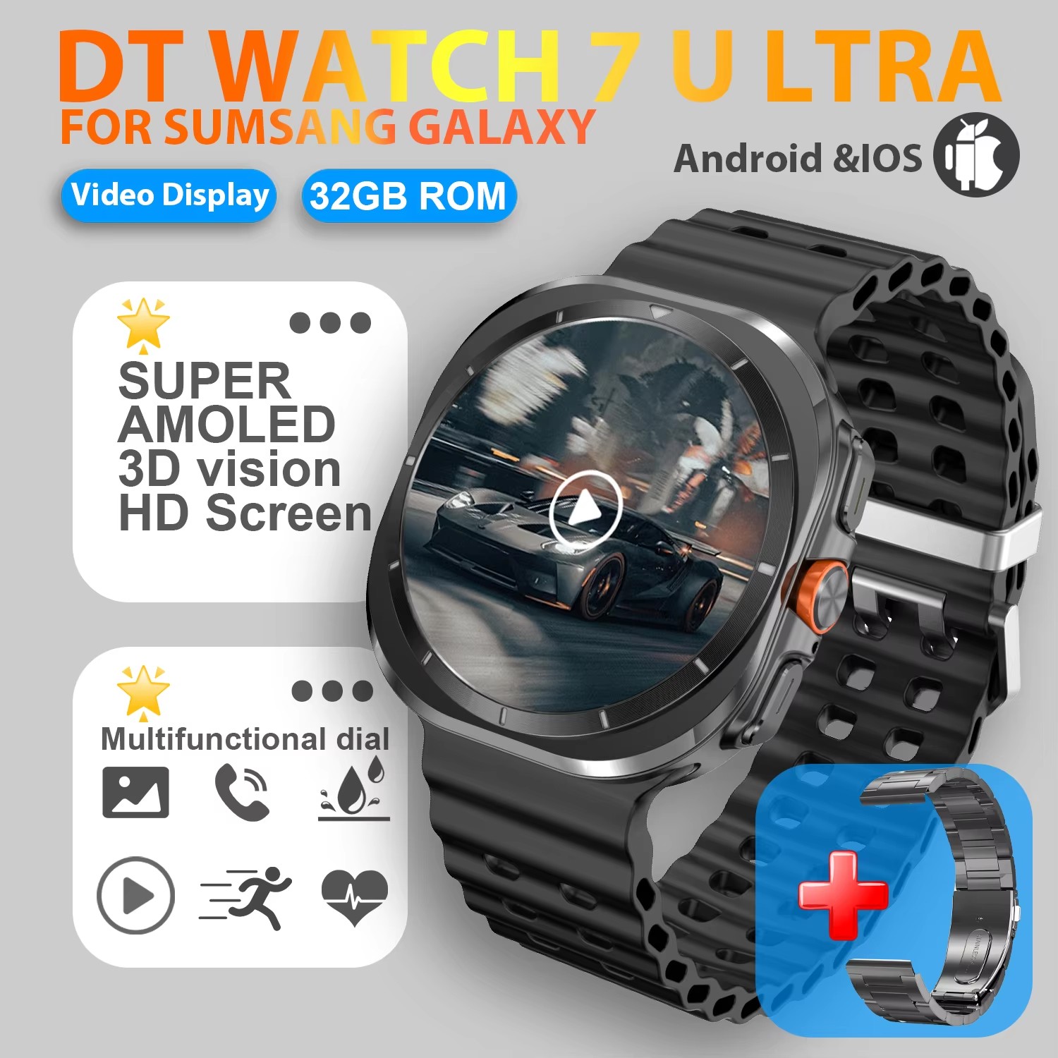 accorto guarda ultra 32GB memoria video NFC Schermo AMOLED HD da 1,43 pollici accorto guarda Uomo sport fitness inseguitore Smartwatch Donna: Grigio