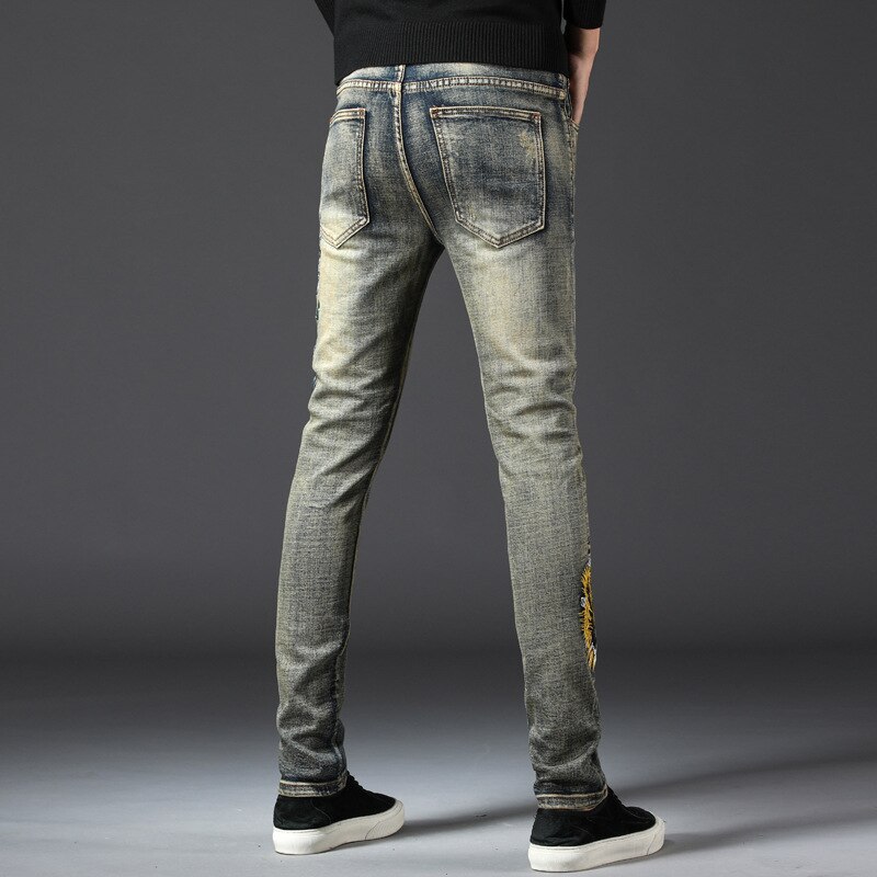 Mode Mannen Patches Jeans Eagle Tijger Borduurwerk Gat Slanke Denim Broek Vintage Ripped Stretch Skinny Mannelijke Jeans
