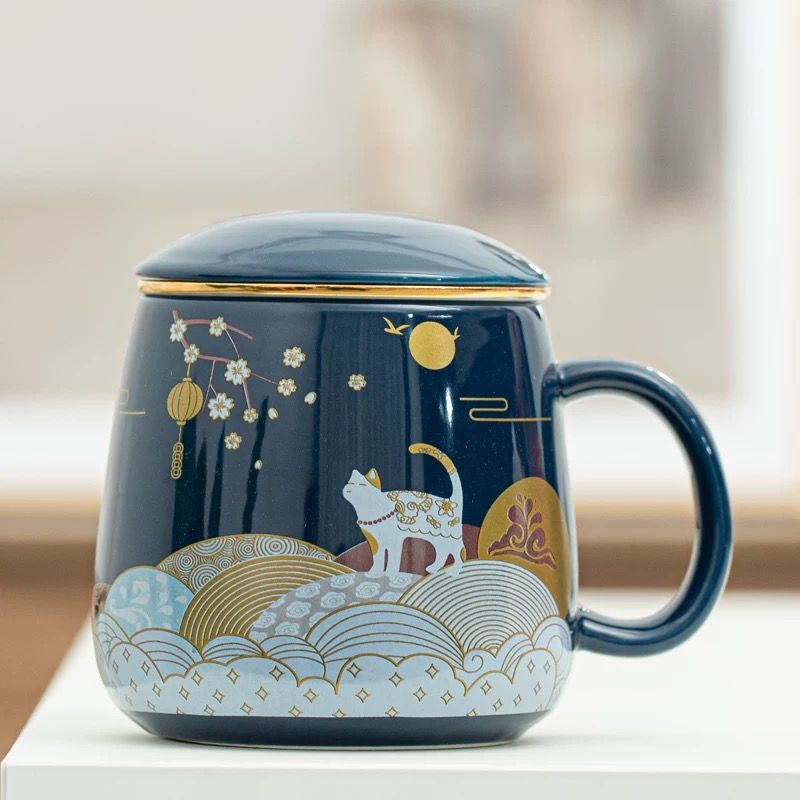 Kaffekrus keramisk te kop te adskillelse stor kapacitet filter med dæksel guofeng krus hjem par personlig kontor kop boks: 380ml 3