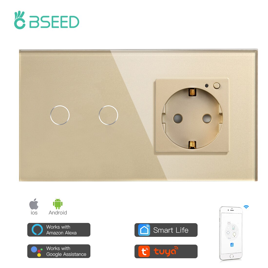 Bseed smart wifi touch switch 2 gang 1 vej med eu stik 3 farver krystal glas panel arbejde med smart life tuya app: Guld