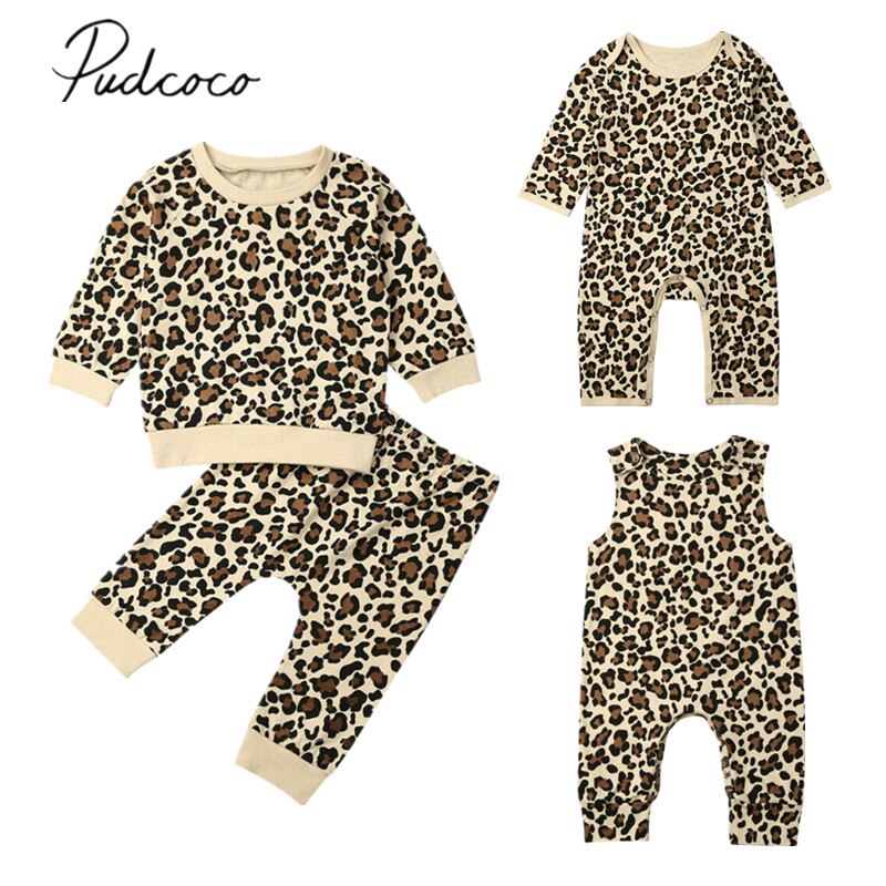 Bebiskläder nyfödd match bebis flicka pojke höst leopardkläder byxdress lekdräkt/skjortor topp +byxor 2 st outfits