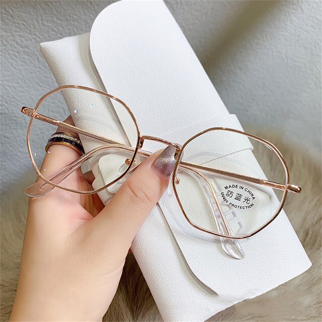 Trendy Transparent Computer Metal Frames Women Men Anti Blue Light Polygonal Eyewear Blocking Glasses Optical Spectacle Eyeglass: Rose gold