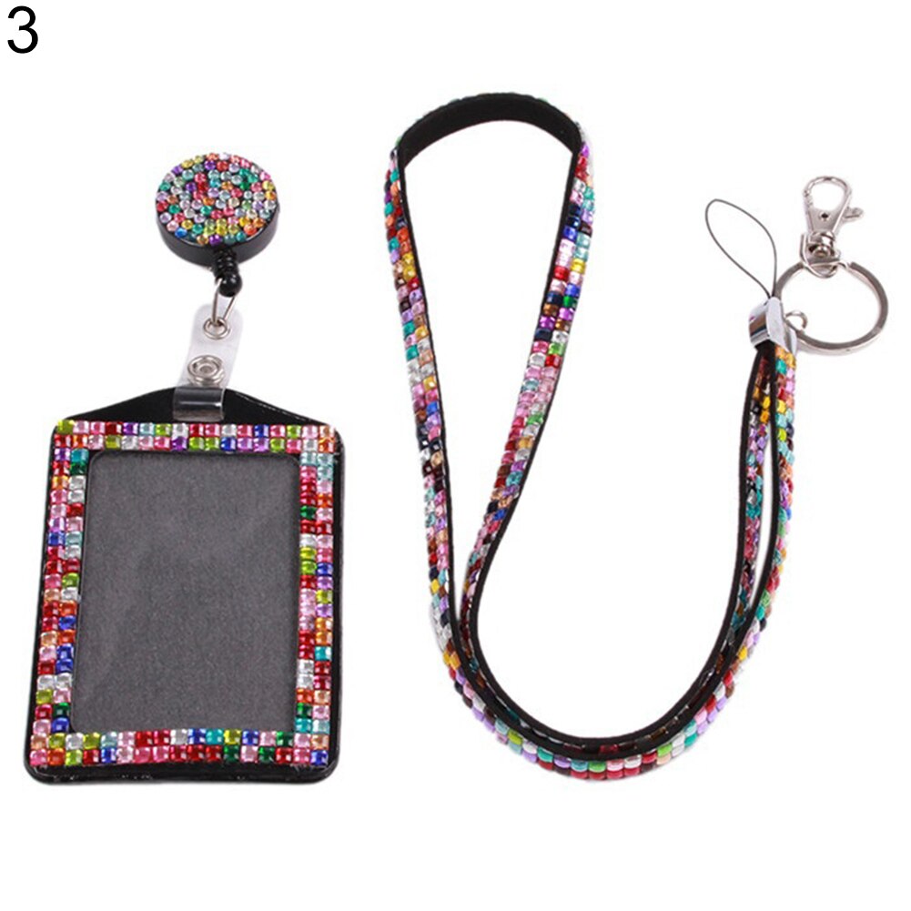 Retractable ID Badge Neck Lanyard Rhinestone Case Name Tag Card Holder Cover: Multicolor